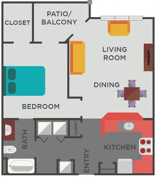 Floor plan for 1 bed, 1 bath, 803 sqft
